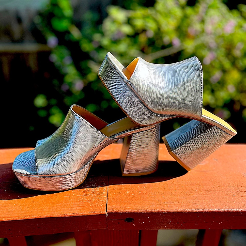 70s Disco Dream platforms; synthetic silver alligator print